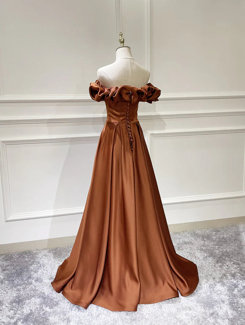 Amzcw A-Line Off Shoulder Satin Long Prom Dress Simple Evening Dresses prom dress in store