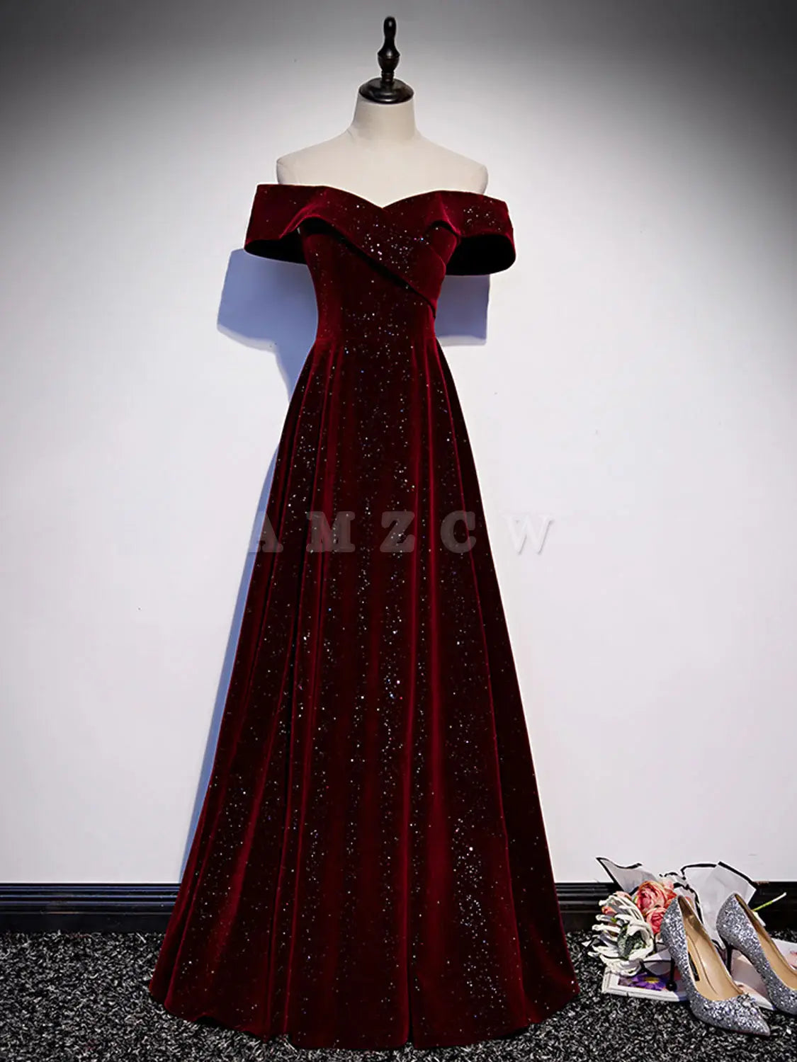Vestido de fiesta largo burdeos de terciopelo con hombros descubiertos y corte en A de Amzcw, vestido formal burdeos, vestido de fiesta en tienda