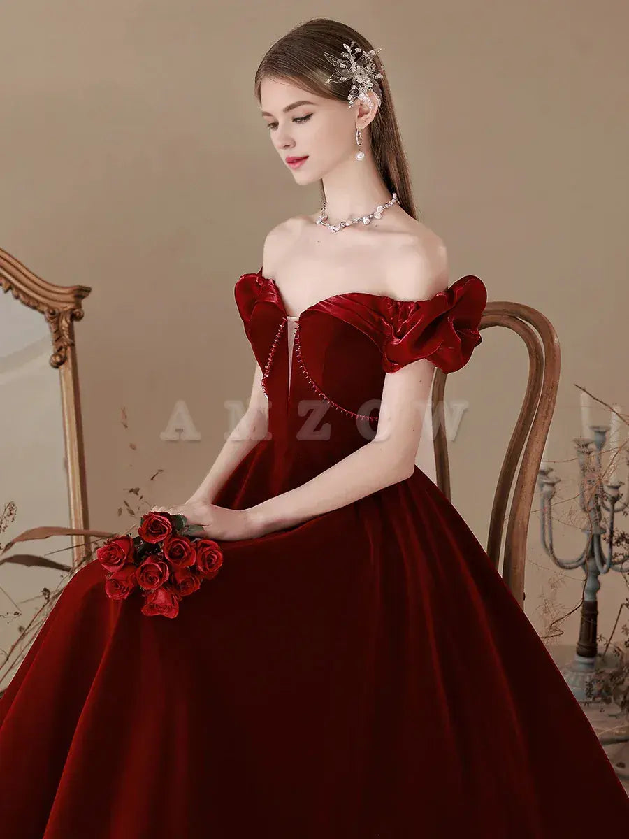 Amzcw A-Line Off Shoulder Velvet Burgundy Long Prom Dress Tea Burgundy Evening Dress prom dress in store