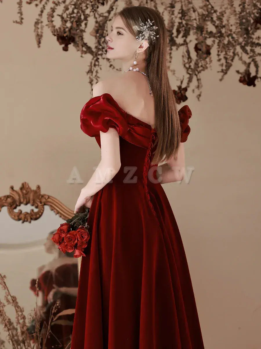 Amzcw A-Line Off Shoulder Velvet Burgundy Long Prom Dress Tea Burgundy Evening Dress prom dress in store