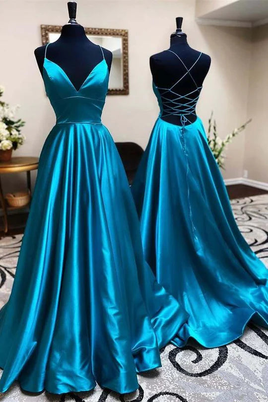 Amzcw A-Line Pleated Teal Blue V-Neck Lace-Up Long Formal Dress formal wear dresses
