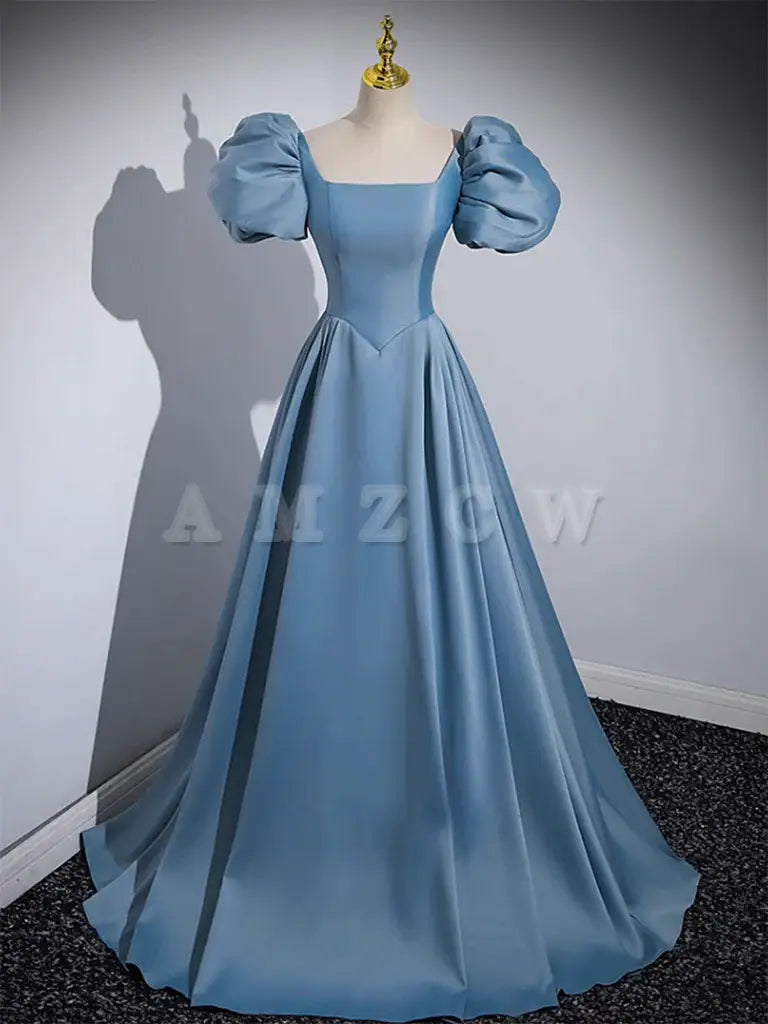 Amzcw A-Line Satin Blue Long Prom Dress Niebieskie satynowe długie wieczorowe sukienki w sklepie