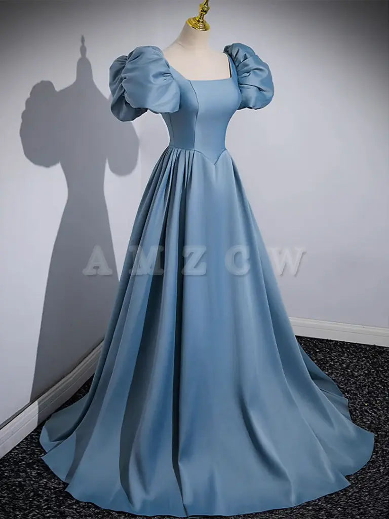 Amzcw A-Line Satin Blue Long Prom Dress Niebieskie satynowe długie wieczorowe sukienki w sklepie