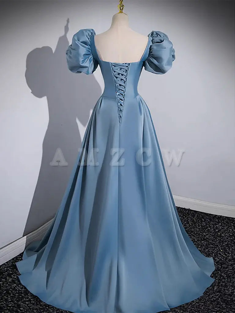Amzcw A-Line Satin Blue Long Prom Dress Niebieskie satynowe długie wieczorowe sukienki w sklepie