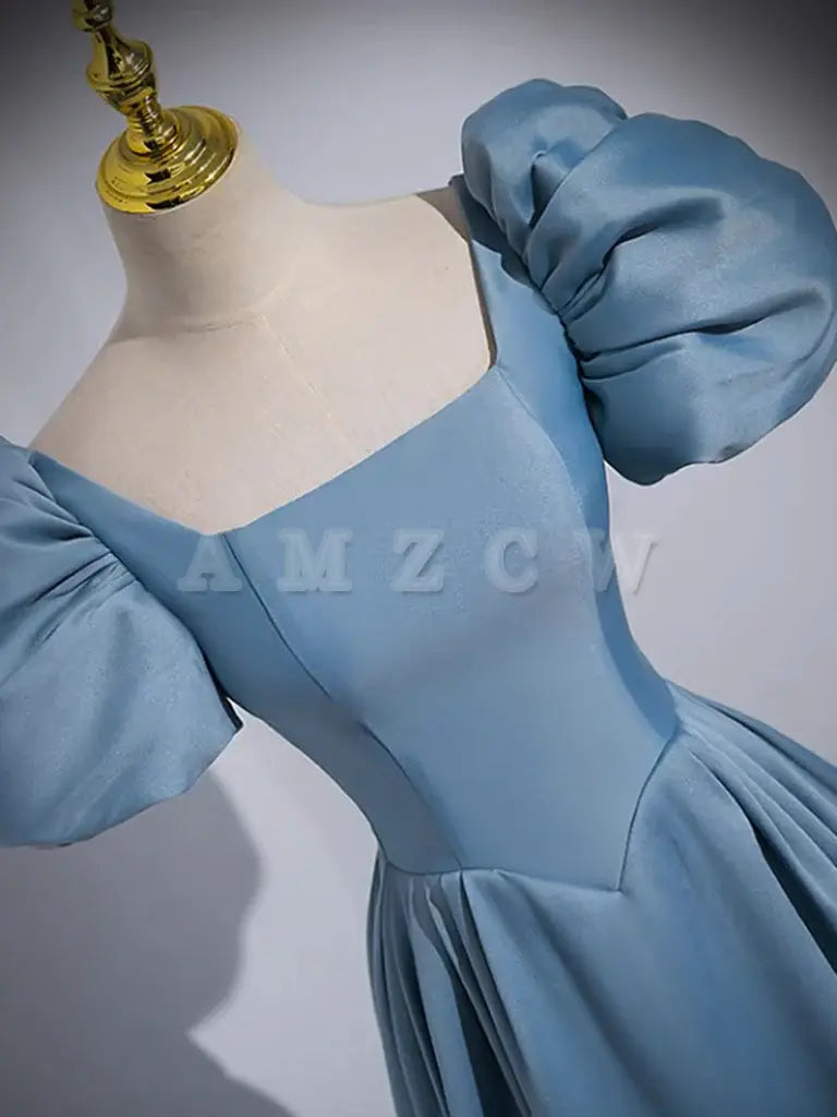 Amzcw A-Line Satin Blue Long Prom Dress Niebieskie satynowe długie wieczorowe sukienki w sklepie
