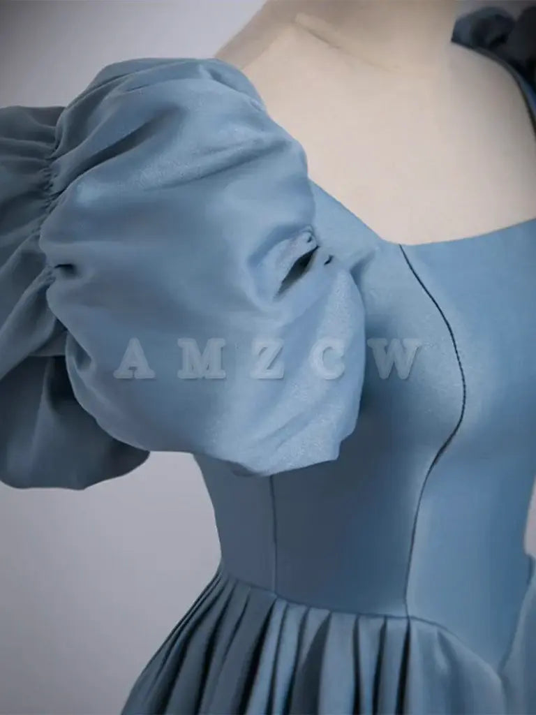 Amzcw A-Line Satin Blue Long Prom Dress Niebieskie satynowe długie wieczorowe sukienki w sklepie