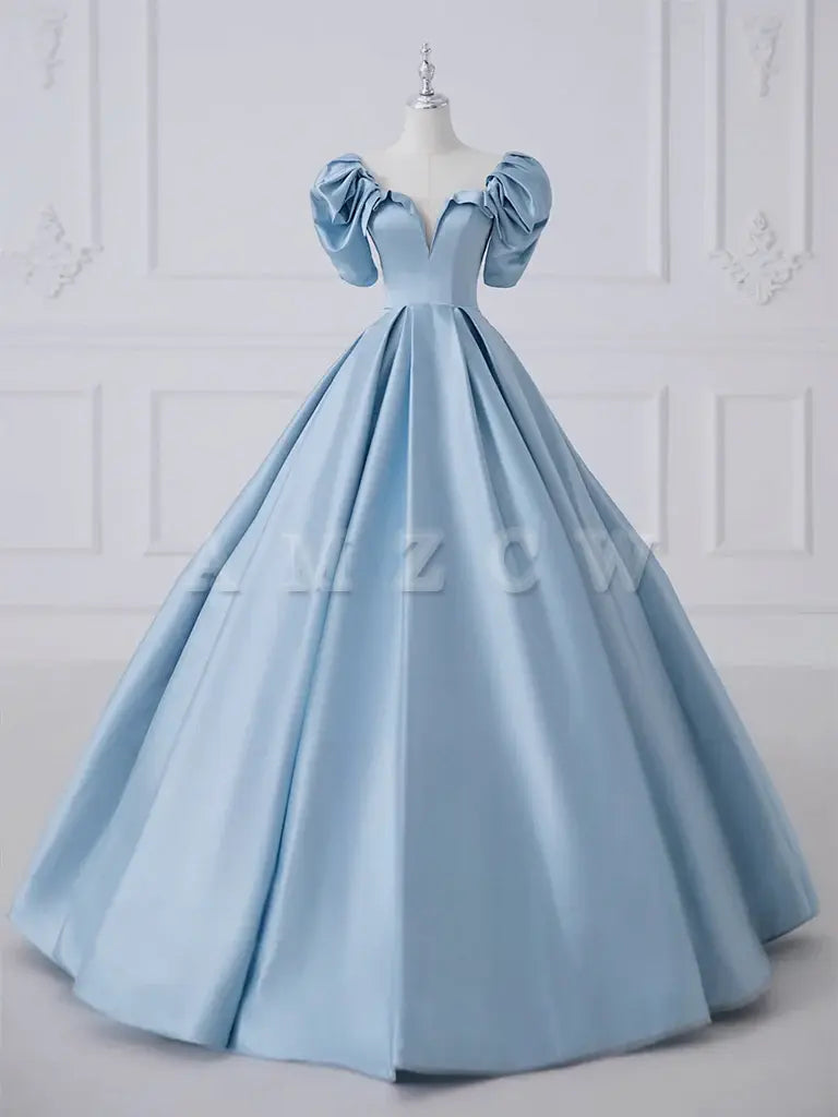 Vestido de fiesta largo azul satinado de corte A de Amzcw, vestido formal largo azul satinado, tiendas de vestidos de fiesta