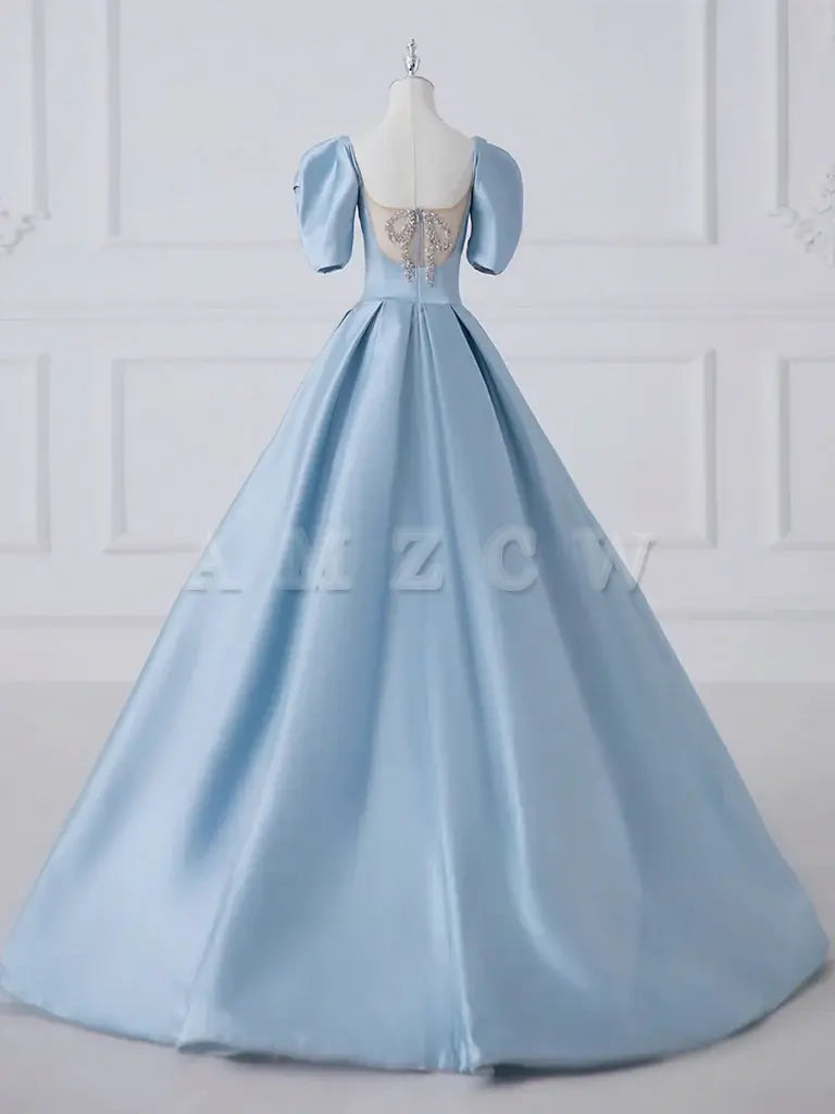 Vestido de fiesta largo azul satinado de corte A de Amzcw, vestido formal largo azul satinado, tiendas de vestidos de fiesta