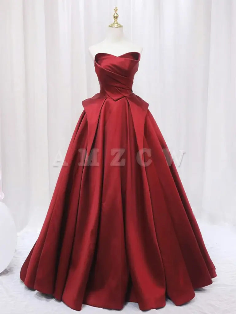Suknia balowa Amzcw A-Line Satin Burgundy Long Prom Dress Burgundowa formalna sukienka w sklepie