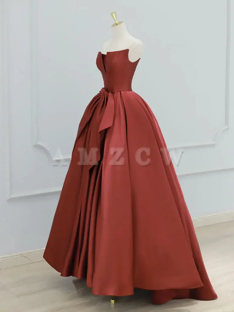Amzcw A-Line Satin Burgundy Long Prom Dress Burgundy Long Formal Dress prom dresses shops 