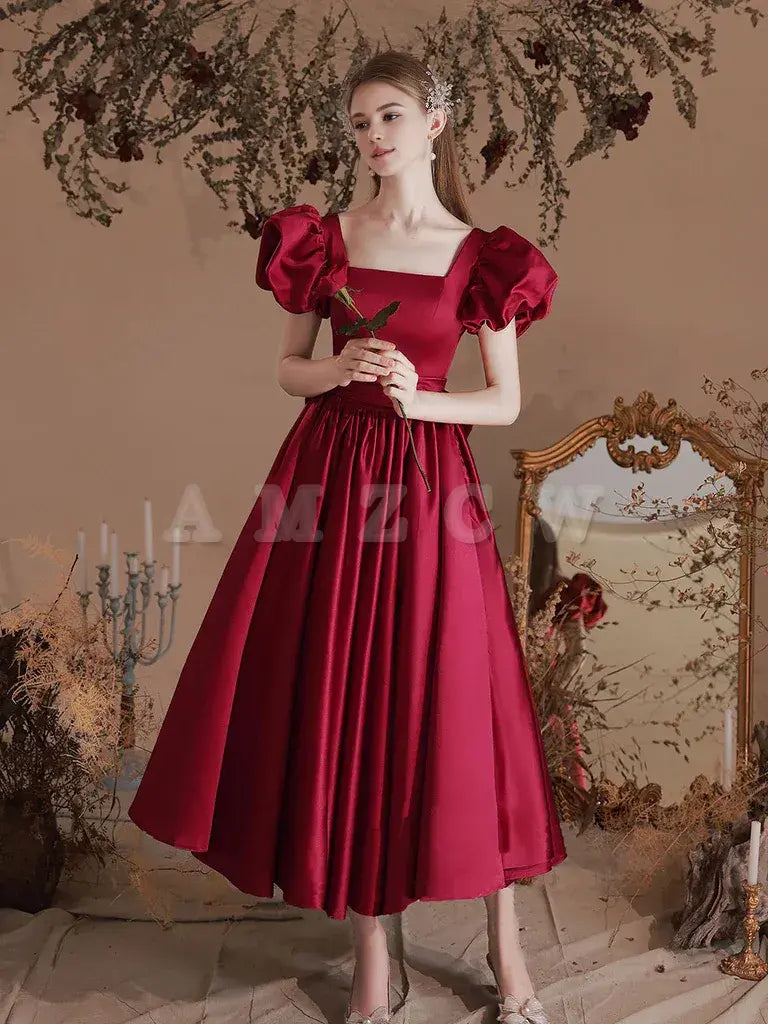 Suknia balowa Amzcw A-Line Satin Tea Length w kolorze bordowym, sukienka formalna w kolorze bordowym, dostępna w sklepie