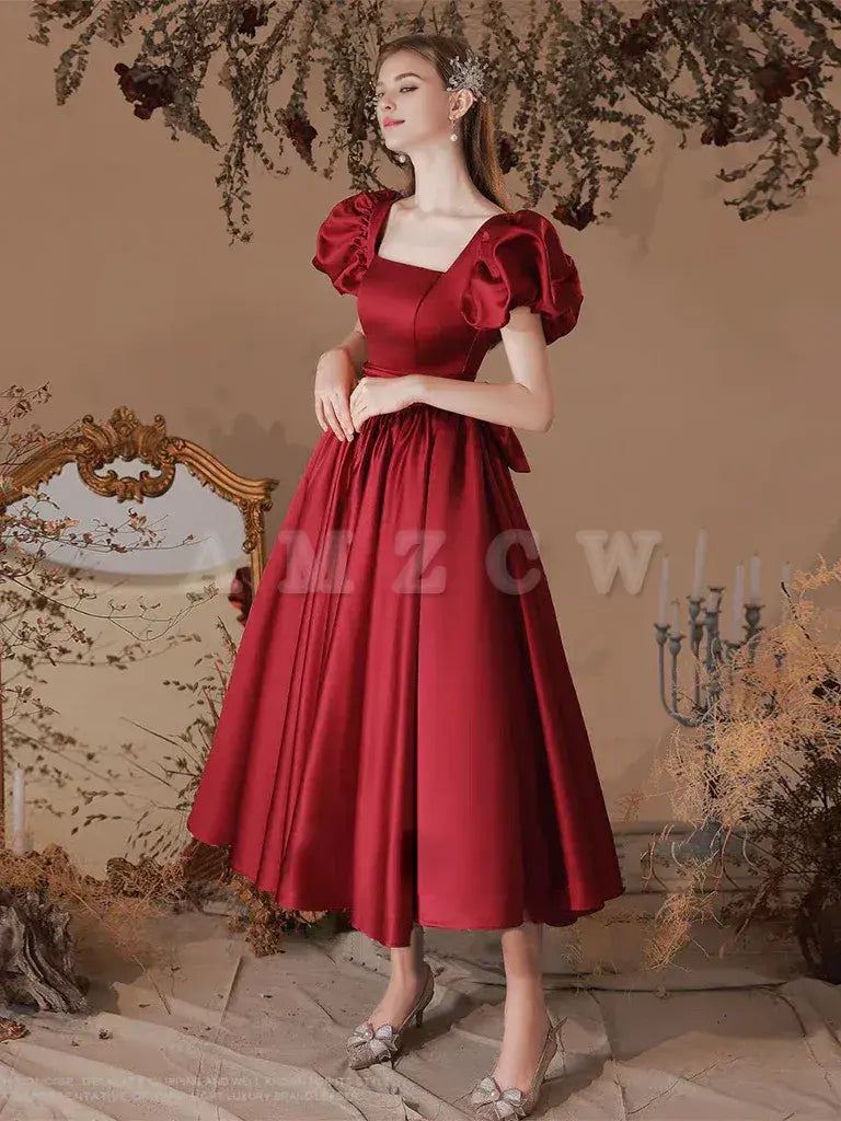 Suknia balowa Amzcw A-Line Satin Tea Length w kolorze bordowym, sukienka formalna w kolorze bordowym, dostępna w sklepie