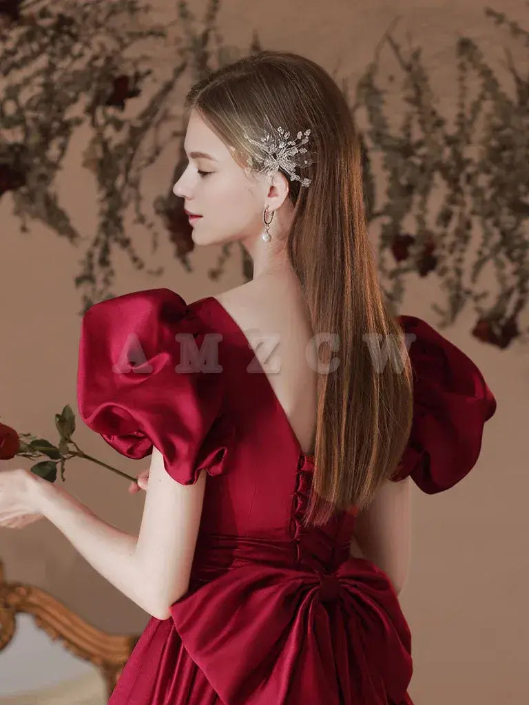 Suknia balowa Amzcw A-Line Satin Tea Length w kolorze bordowym, sukienka formalna w kolorze bordowym, dostępna w sklepie