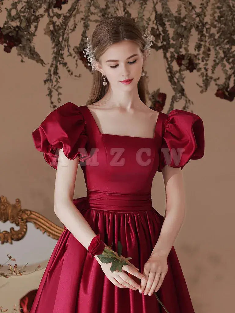 Suknia balowa Amzcw A-Line Satin Tea Length w kolorze bordowym, sukienka formalna w kolorze bordowym, dostępna w sklepie