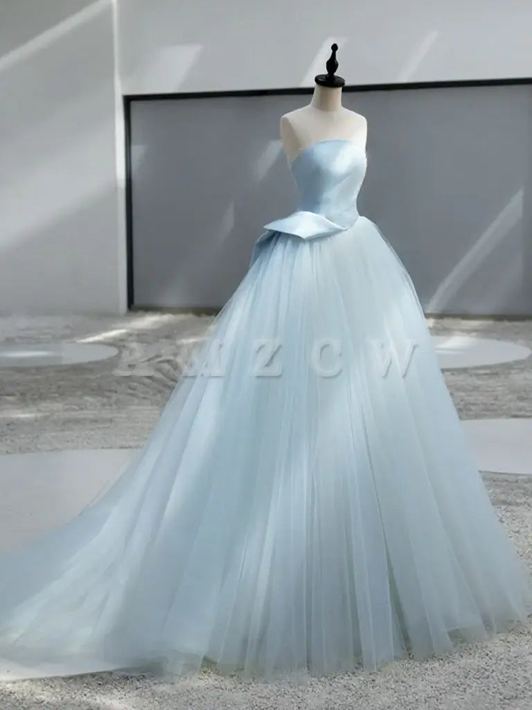 Amzcw A-Line Satin Tulle Blue Long Prom Dress Blue Long Formal Dress prom dress in store