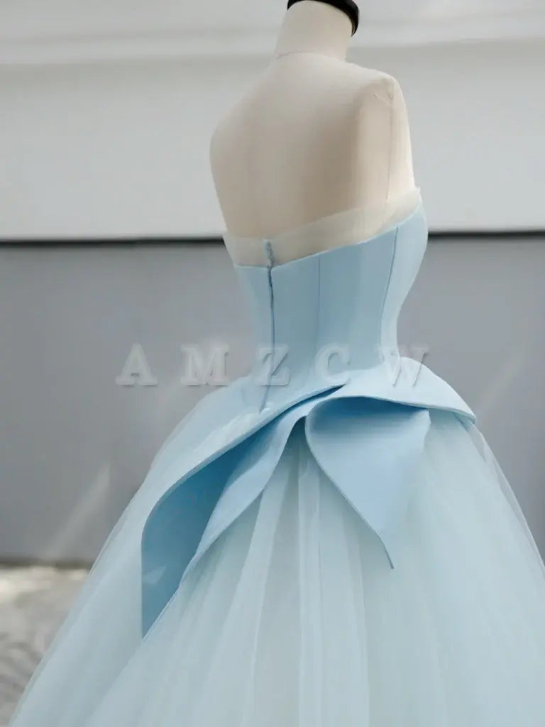 Amzcw A-Line Satin Tulle Blue Long Prom Dress Blue Long Formal Dress prom dress in store