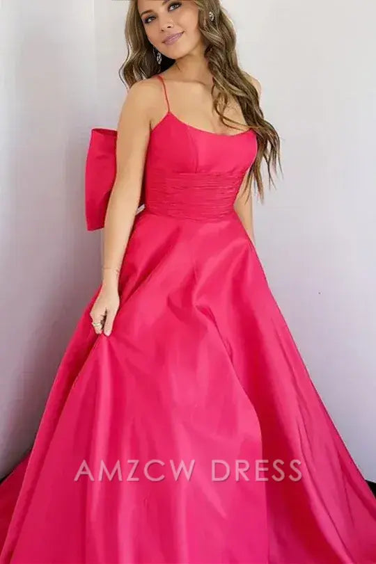 Vestido de fiesta formal de satén con escote redondo y lazo grande, corte A, tirantes finos, Amzcw