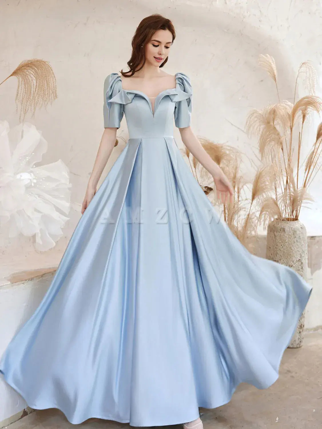 Vestido de fiesta largo azul satinado con escote cuadrado y corte A de Amzcw, vestido de noche formal azul, vestido de fiesta en tienda.