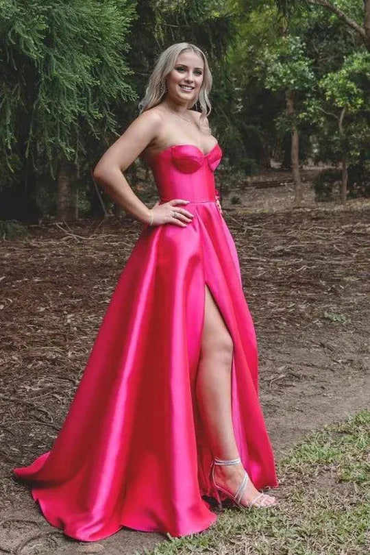 Amzcw A-Line Strapless Empire-Waist Sleeveless Satin Long Prom Formal Dress with Slit formal wear dresses