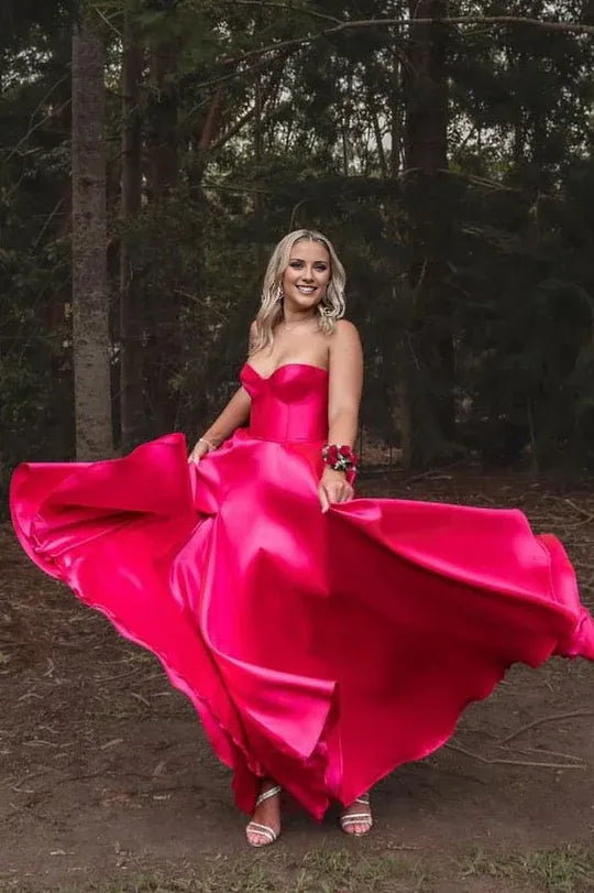 Amzcw A-Line Strapless Empire-Waist Sleeveless Satin Long Prom Formal Dress with Slit formal wear dresses