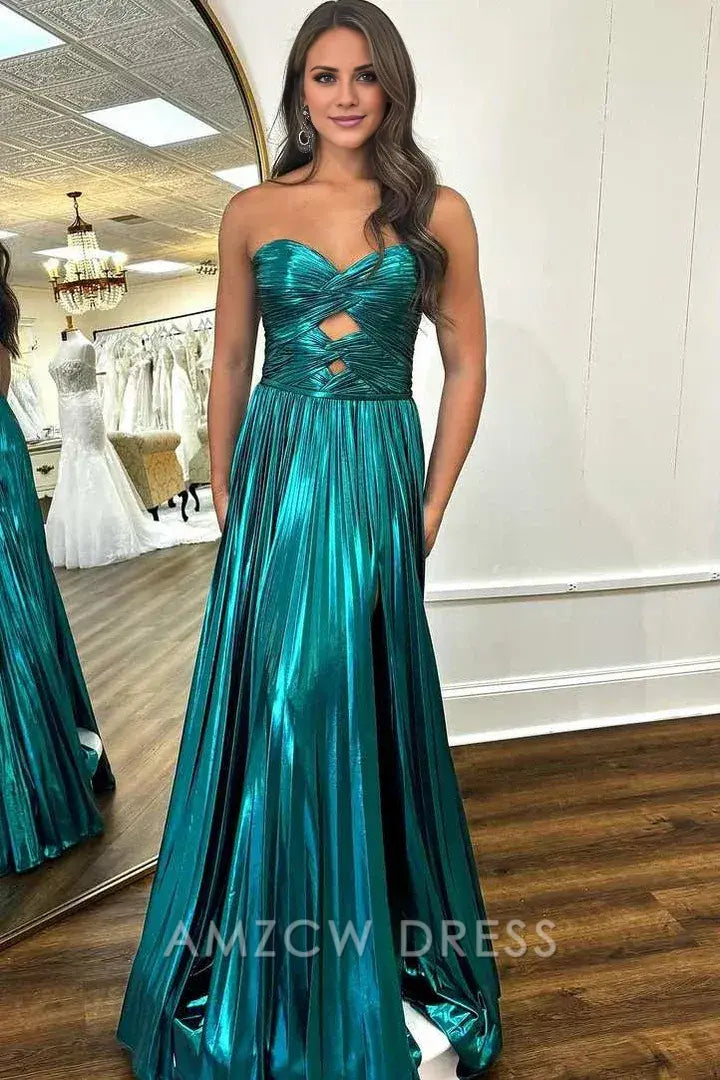 Vestido de fiesta largo plisado metalizado con abertura y corte A de Amzcw
