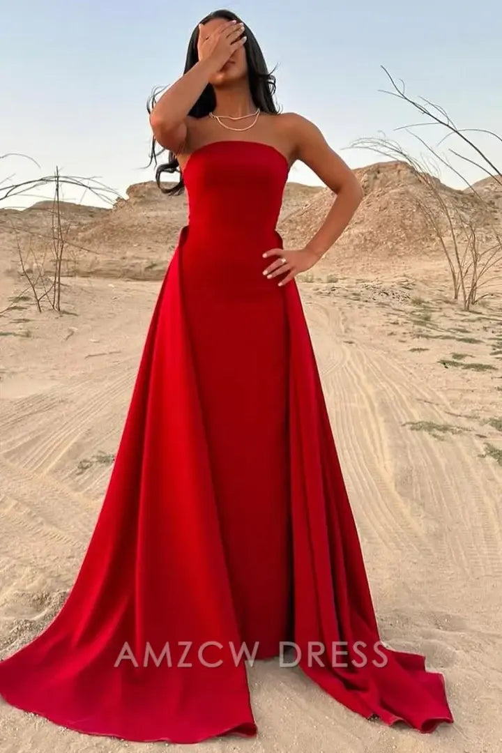 Vestido largo de fiesta formal Amzcw de satén plisado, sin tirantes, con escote redondo y corte A