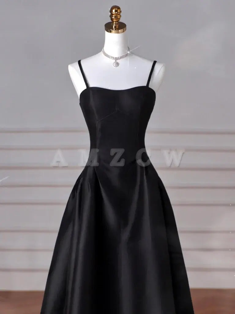 Suknia wieczorowa Amzcw A-Line Sweetheart Neck Satin Black Long Prom Dress - sklepy z sukniami balowymi