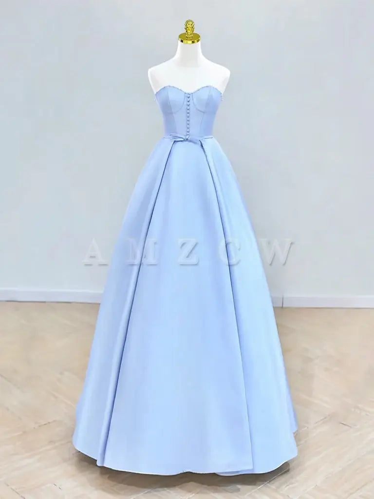 Suknia balowa Amzcw A-Line Sweetheart Neck Satin Blue Long aBlue Long Formalna sukienka sklepy z sukniami balowymi