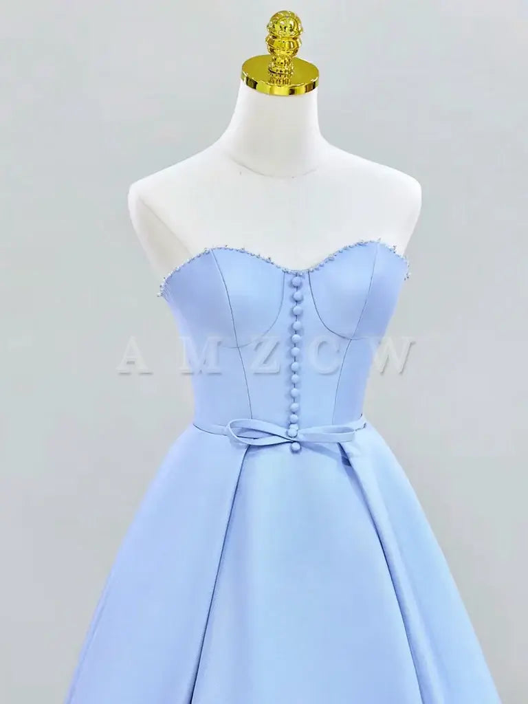 Suknia balowa Amzcw A-Line Sweetheart Neck Satin Blue Long aBlue Long Formalna sukienka sklepy z sukniami balowymi