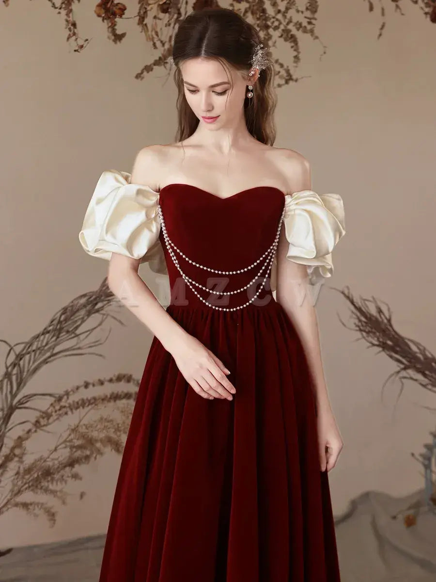 Vestido de fiesta largo de terciopelo burdeos con escote corazón y corte en A de Amzcw, vestido de noche burdeos, vestido de fiesta en tienda