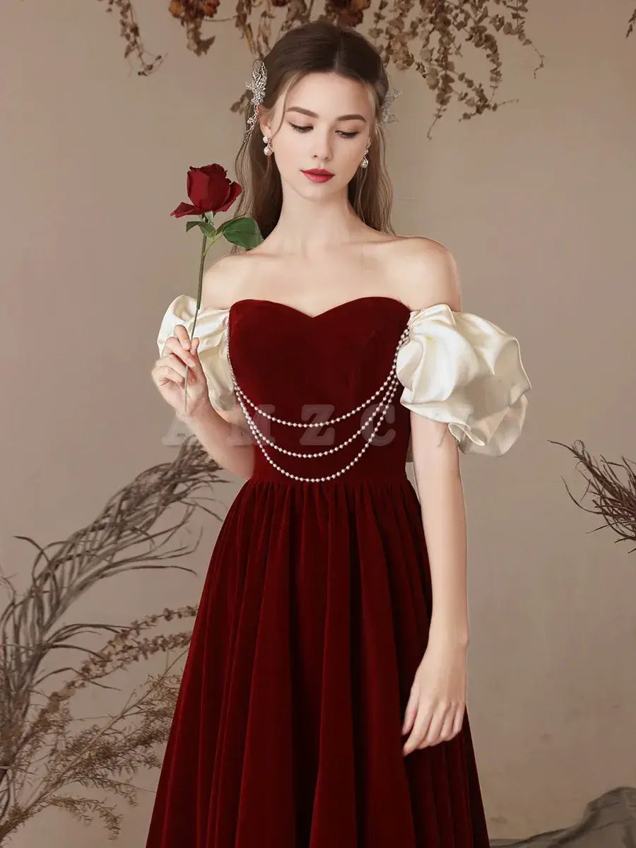 Vestido de fiesta largo de terciopelo burdeos con escote corazón y corte en A de Amzcw, vestido de noche burdeos, vestido de fiesta en tienda