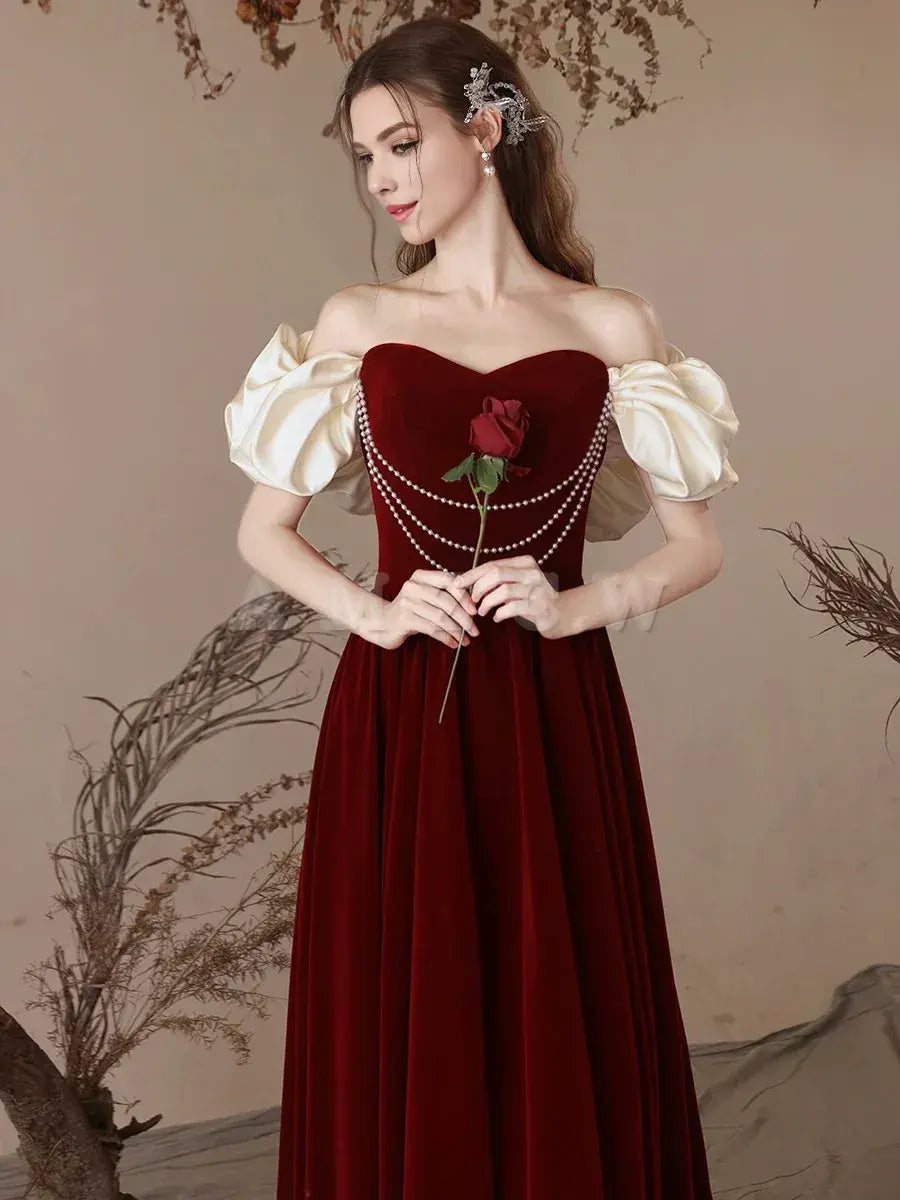 Vestido de fiesta largo de terciopelo burdeos con escote corazón y corte en A de Amzcw, vestido de noche burdeos, vestido de fiesta en tienda