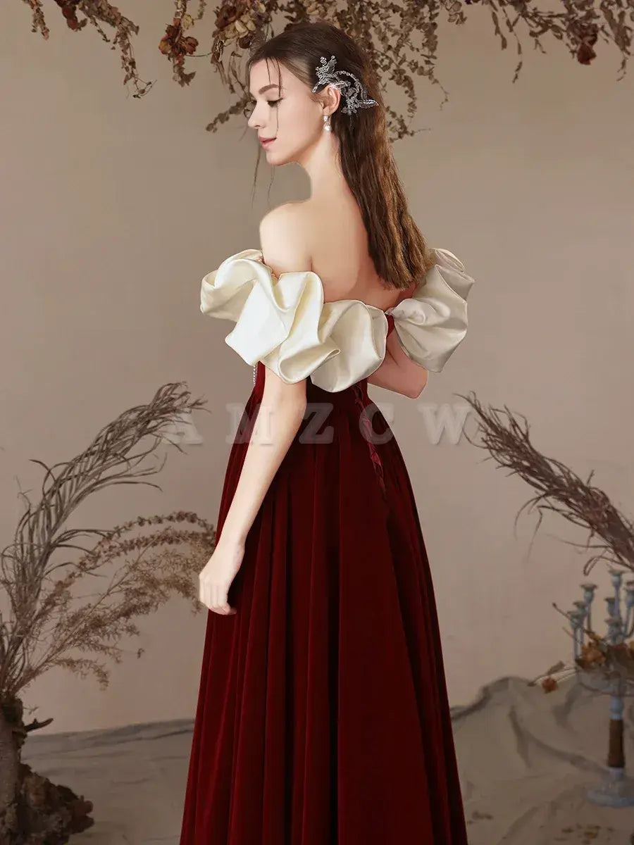 Vestido de fiesta largo de terciopelo burdeos con escote corazón y corte en A de Amzcw, vestido de noche burdeos, vestido de fiesta en tienda