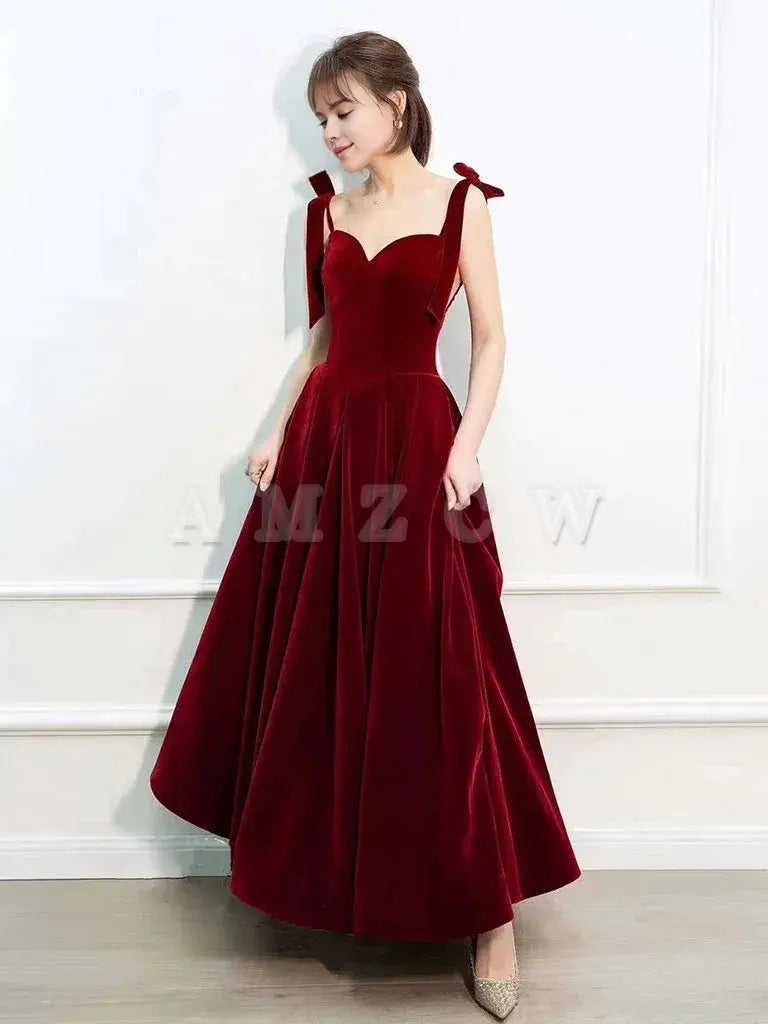 Vestido de fiesta largo de terciopelo burdeos con escote en forma de A y corte en A de Amzcw, vestido formal burdeos, vestido de fiesta en tienda