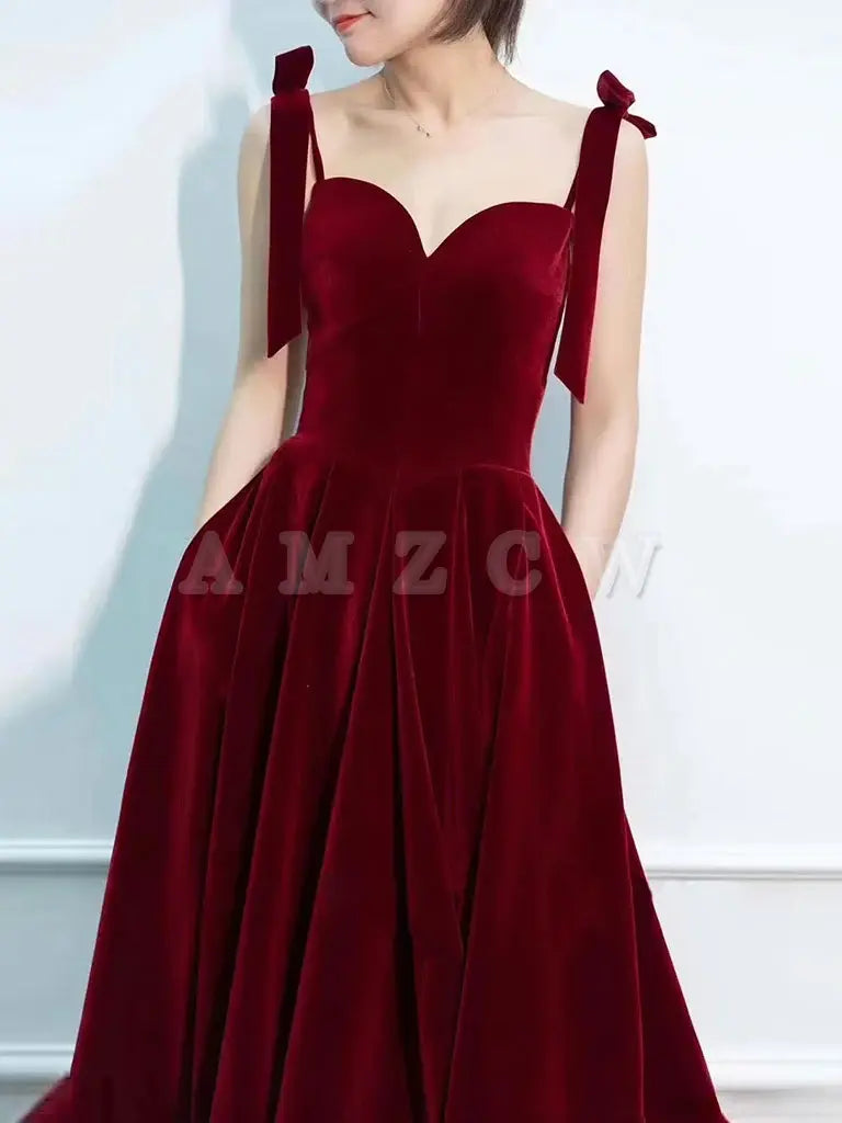 Vestido de fiesta largo de terciopelo burdeos con escote en forma de A y corte en A de Amzcw, vestido formal burdeos, vestido de fiesta en tienda