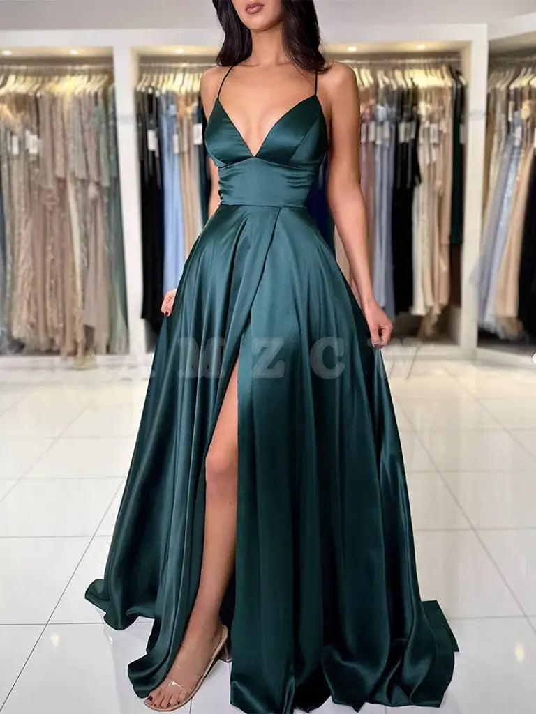 Vestido de fiesta largo de satén verde oscuro con escote en V y corte A de Amzcw, vestido de noche verde oscuro, tiendas de vestidos de fiesta
