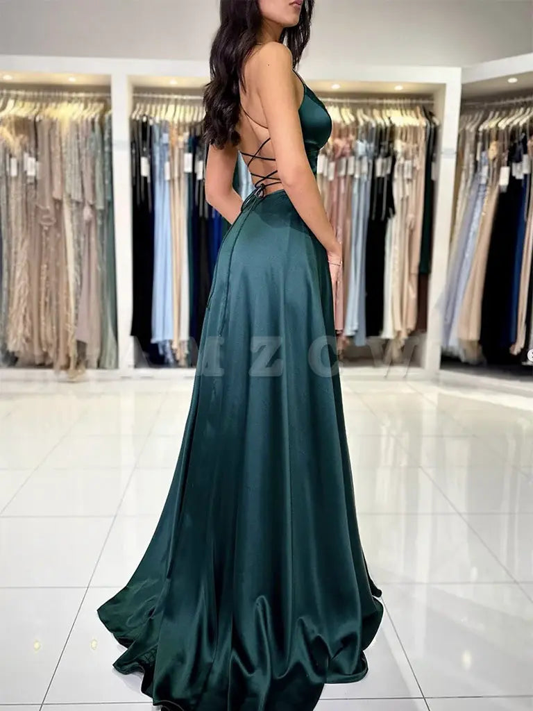 Vestido de fiesta largo de satén verde oscuro con escote en V y corte A de Amzcw, vestido de noche verde oscuro, tiendas de vestidos de fiesta