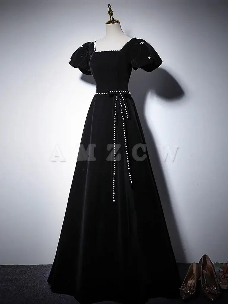 Sukienka wieczorowa Amzcw A-Line Velvet Black Long Prom Dress w kolorze czarnym, długa suknia wieczorowa w sklepie