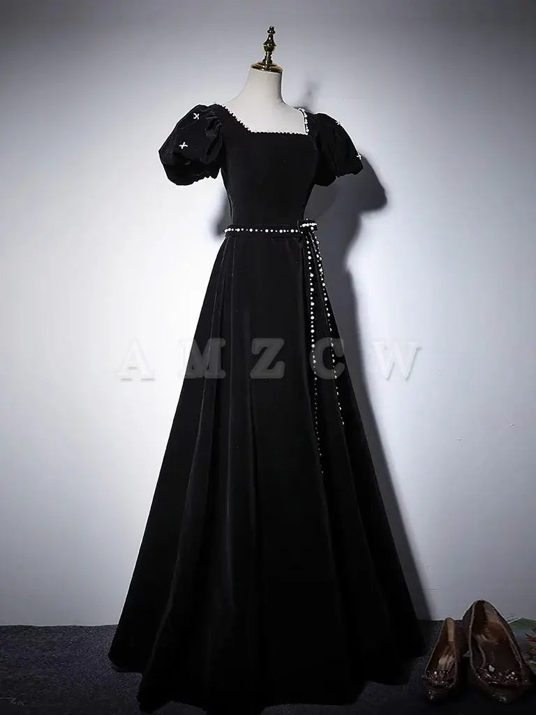 Sukienka wieczorowa Amzcw A-Line Velvet Black Long Prom Dress w kolorze czarnym, długa suknia wieczorowa w sklepie