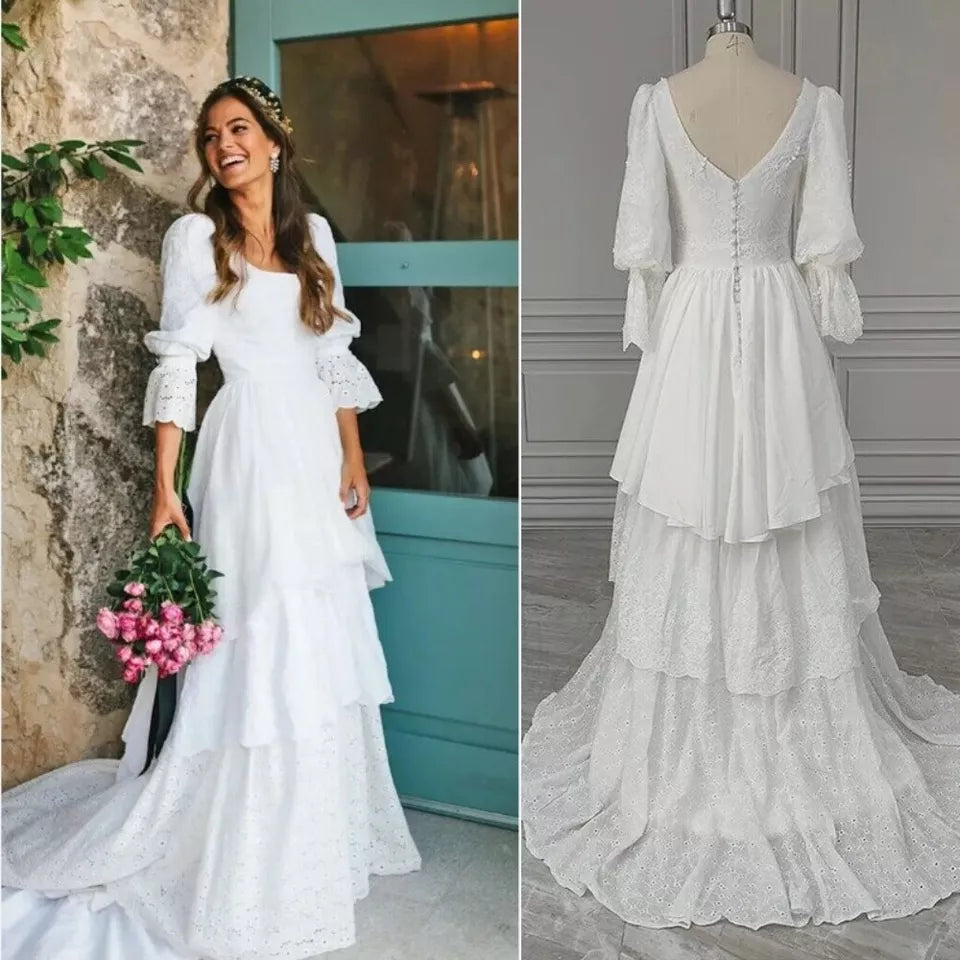 A-Line/Princess Lace Long Sleeves Layers Square Sweep/Brush Train Wedding Dresses