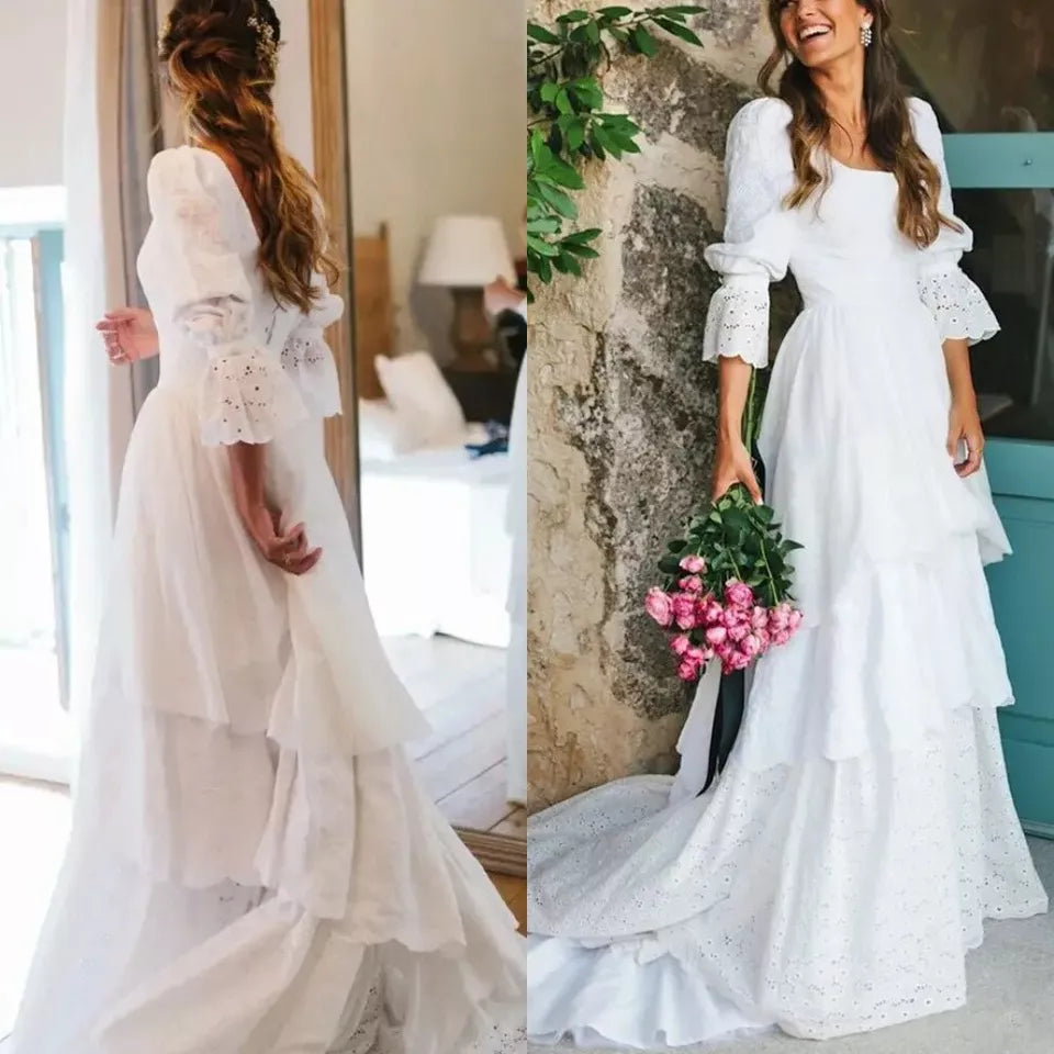 A-Line/Princess Lace Long Sleeves Layers Square Sweep/Brush Train Wedding Dresses