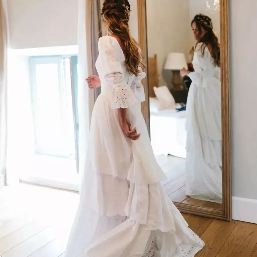 A-Line/Princess Lace Long Sleeves Layers Square Sweep/Brush Train Wedding Dresses
