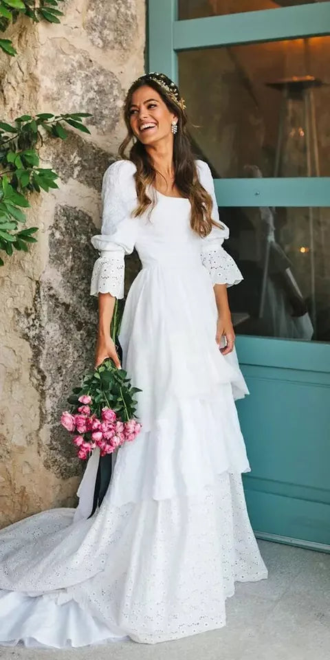 A-Line/Princess Lace Long Sleeves Layers Square Sweep/Brush Train Wedding Dresses