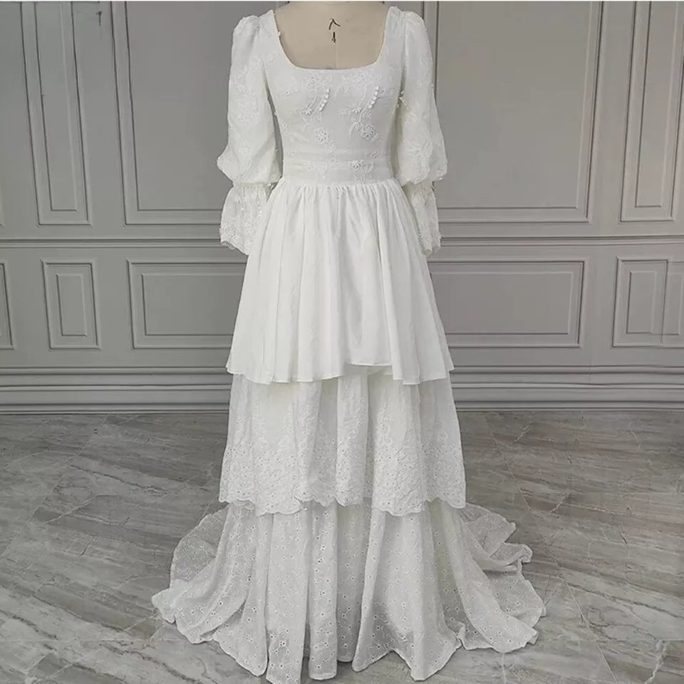 A-Line/Princess Lace Long Sleeves Layers Square Sweep/Brush Train Wedding Dresses