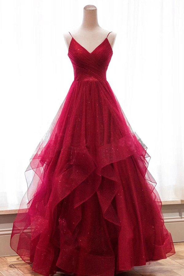 Vestidos de fiesta de corte A con volantes rojos, tirantes finos, escote en V, espalda descubierta, vestidos de noche largos