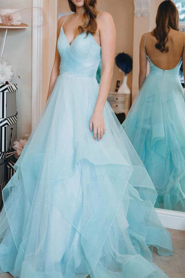 Vestidos de fiesta de corte A con volantes rojos, tirantes finos, escote en V, espalda descubierta, vestidos de noche largos