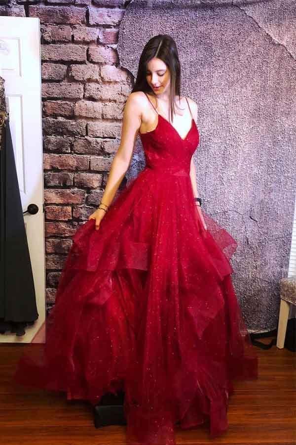 Vestidos de fiesta de corte A con volantes rojos, tirantes finos, escote en V, espalda descubierta, vestidos de noche largos