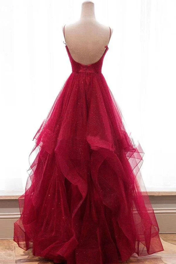 Vestidos de fiesta de corte A con volantes rojos, tirantes finos, escote en V, espalda descubierta, vestidos de noche largos