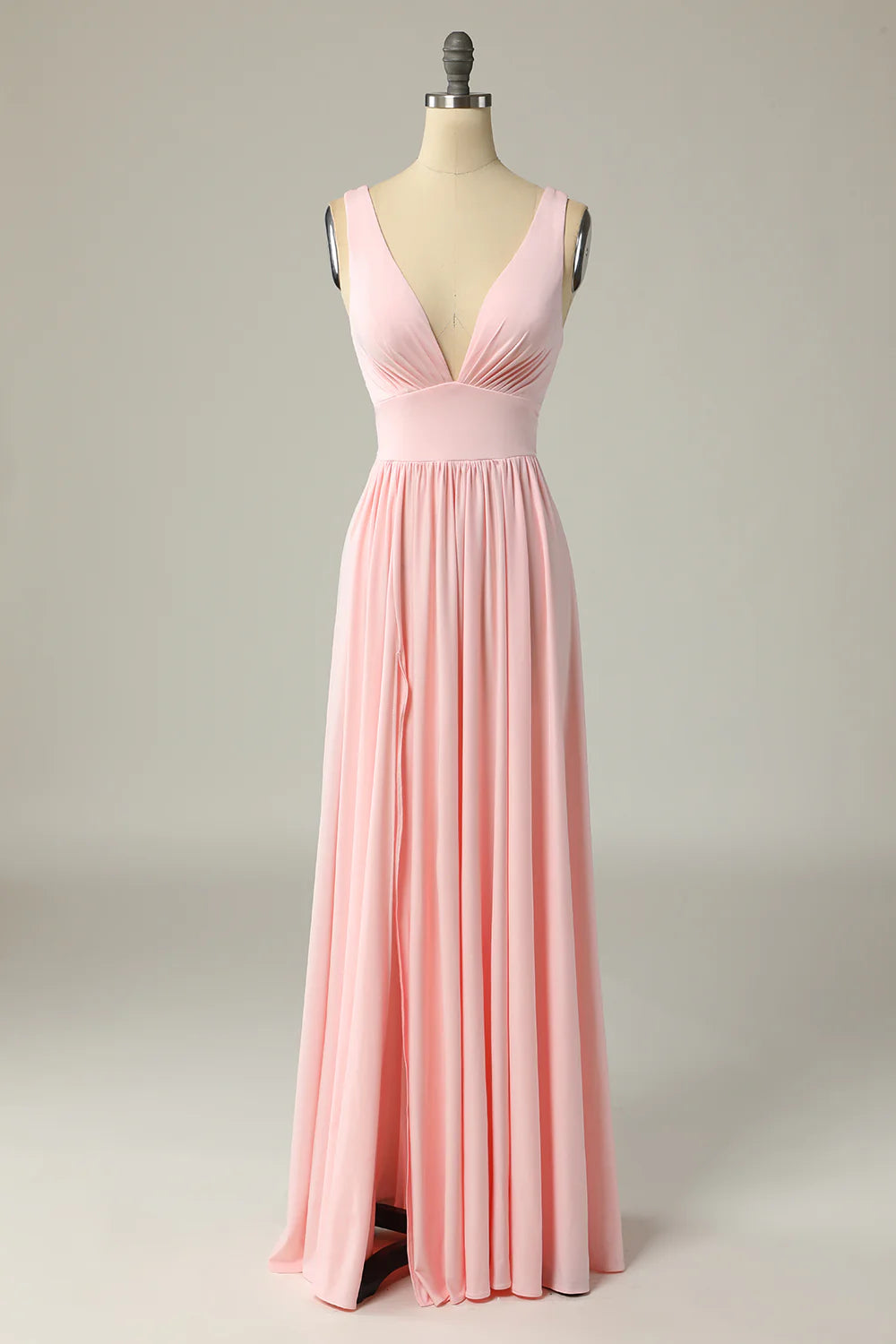 Amzcw Classic A Line V Neck Pink Long Prom Dress with Split Front gowns evening dresses prom dresses shops 