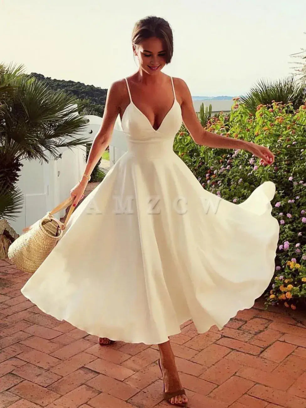 Amzcw Aline V Neck White Prom Dresses Satin Tea Length White Formal Wedding Party Dress Vestido de fiesta en tienda